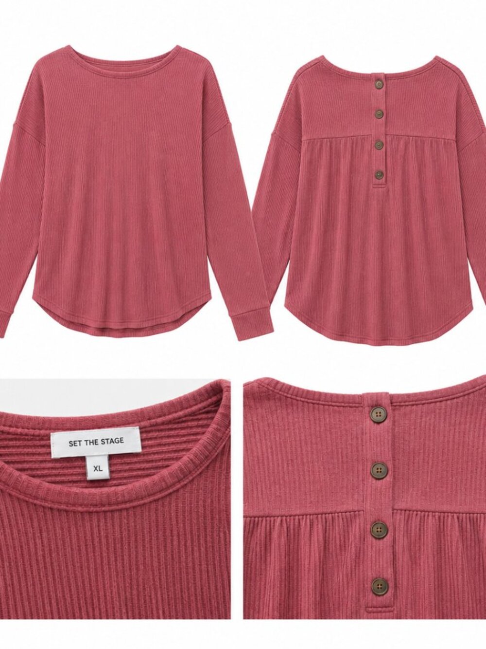 Set The Stage Ribbed Back Button Top – XL – Mauve Pink